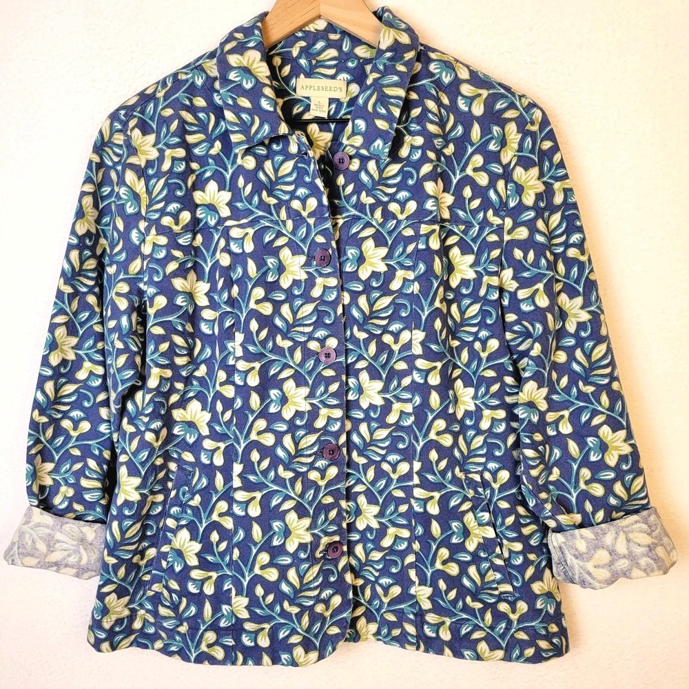 VTG 90s Appleseed's Floral Jacket L Cotton Botanical Boho Cottagecore Grandma - Picture 6 of 10
